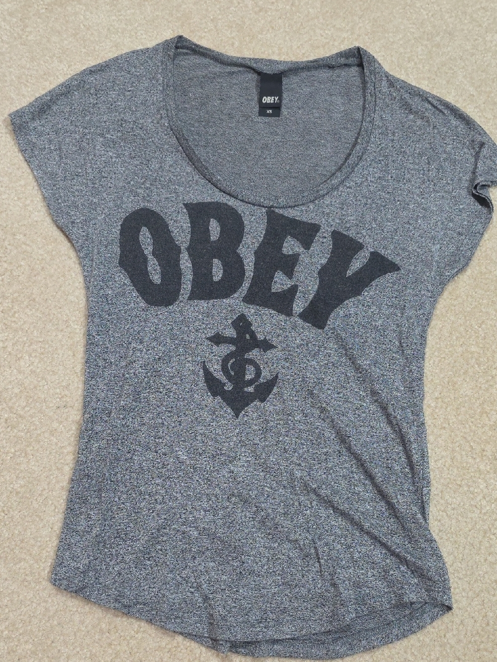 Obey Women's Heather Gray Scoop Neck Tee with Black Logo